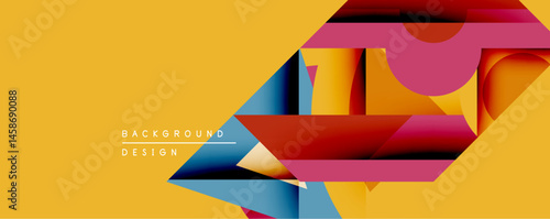 Abstract geometric composition. Overlapping shapes create dynamic visual effect. Warm yellow background contrasts with vibrant blues, reds, pinks, oranges. Modern design element.