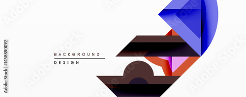 Abstract geometric composition. Overlapping shapes create dynamic visual effect. Blue, purple, brown hues dominate design. Minimalist style, modern aesthetic. Clean background enhances form.