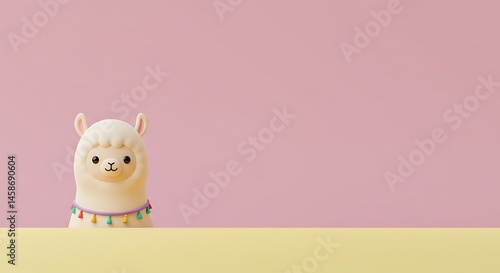 Wallpaper Mural 3d cute cartoon illustration, minimalist style art featuring a happy little lama at the bottom of the image, with ample copy space at the top. ,isolated on bright background, no text Torontodigital.ca
