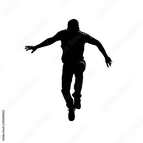 Solid black silhouette of a parkour athlete jumping, Vector Graphic