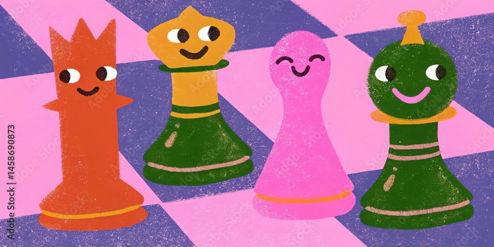 Obraz premium Cute cartoon chess pieces on checkered board illustration for kids learning game