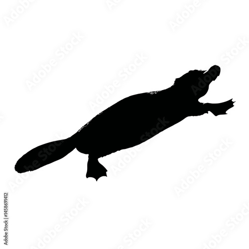 Solid black silhouette of a platypus swimming, Vector Graphic