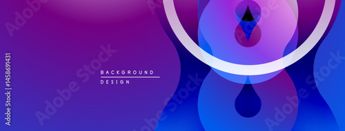 Abstract gradient shapes create dynamic composition. Purple, blue hues dominate design, offering modern aesthetic. Minimalist style.
