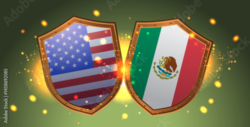 Trade war USA Mexico tariffs war shields clash glowing sparks confrontation green background abstract concept banner