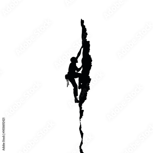 Solid black silhouette of a rock climber ascending, Vector Graphic