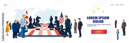 Trade war chessboard Canada United States businesspeople negotiation tariffs war concept international relations diplomacy map website banner