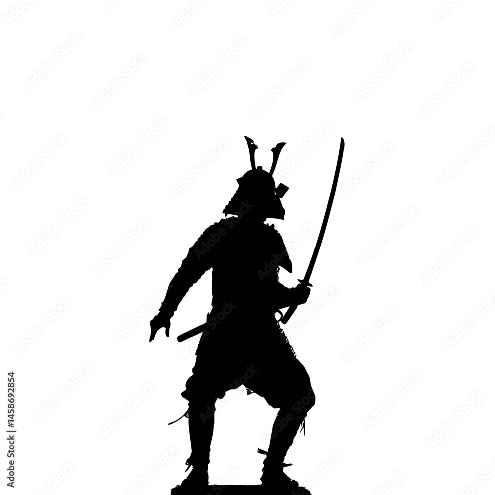 Fototapeta premium Solid black silhouette of a samurai poised, Vector Graphic