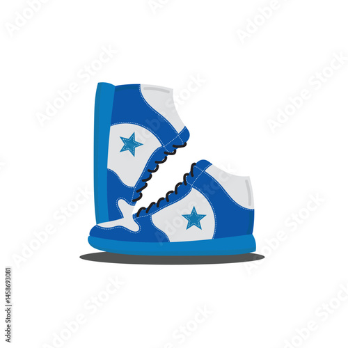 Blue Sneakers with Star Design in Flat Style, Cartoon Sport Shoes Vector Illustration