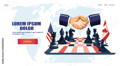 Handshake chessboard trade war United States Canada tariffs war concept business negotiation flags chess pieces world map landing page
