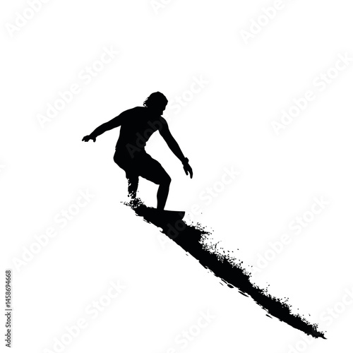 Solid black silhouette of a surfer riding wave, Vector Graphic