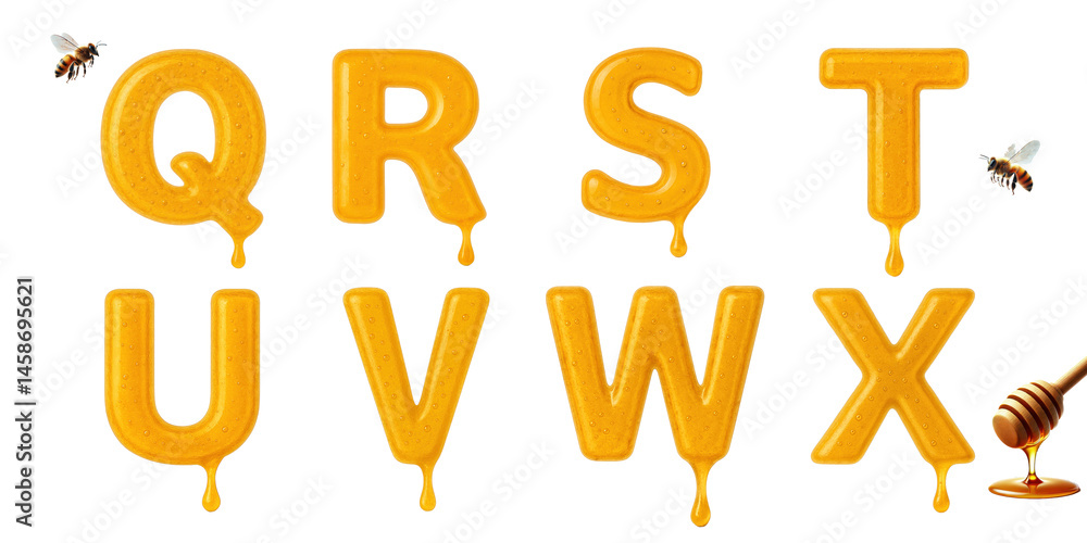 Honey themed letters Q to X with dripping texture and bees : Letters Q, R, S, T, U, V, W, and X crafted from golden honey with drip effects, bees flying nearby, and honey dipper accent Honey themed letters Q to X with dripping texture and bees : Letters Q, R, S, T, U, V, W, and X crafted from golden honey with drip effects, bees flying nearby, and honey dipper accent