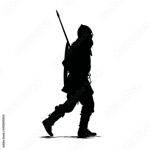 Solid black silhouette of a viking raiding, Vector Graphic