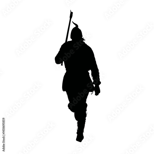 Solid black silhouette of a viking raiding, Vector Graphic