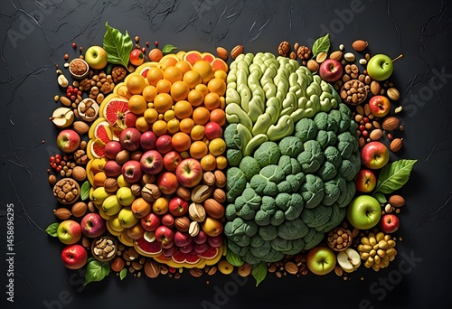 Benessere fisico e mentale con Dieta mediterranea, frutta , verdura, olio di oliva e vita sana