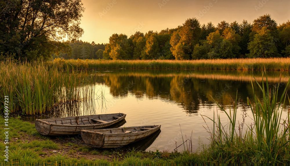 Obraz premium Peaceful sunset over calm water with wooden boats and lush greenery 