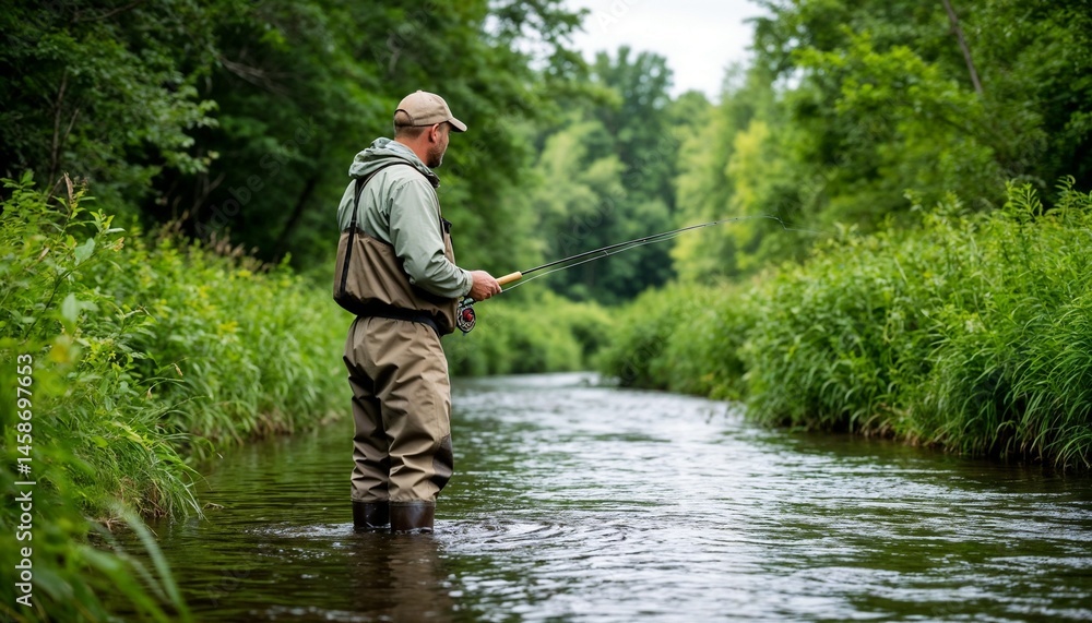 Angler enjoying fishing in serene river surrounded by nature Angler enjoying fishing in serene river surrounded by nature
