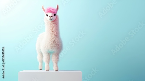 Cute pink alpaca on blue background. 3d rendering