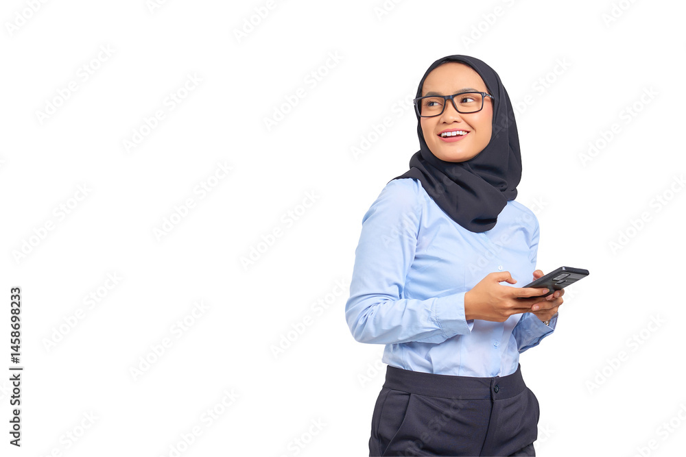 Portrait of smiling young Asian woman using a mobile phone and looking away isolated on transparent background Portrait of smiling young Asian woman using a mobile phone and looking away isolated on transparent background