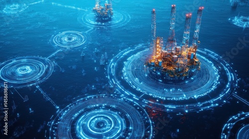 Offshore oil rig with futuristic digital network night view