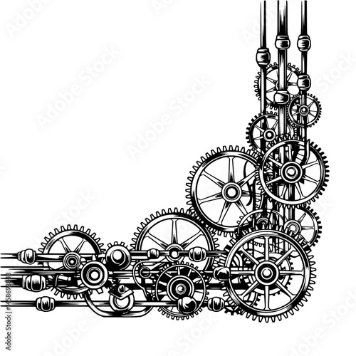 Steampunk Gears Corner Design: Engineering Illustration on White