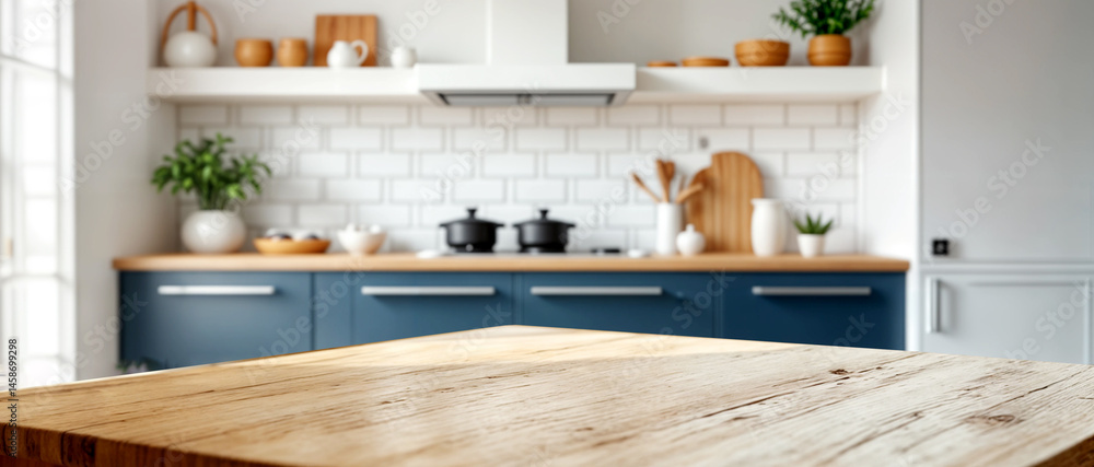Modern home kitchen with wooden surface in front Modern home kitchen with wooden surface in front