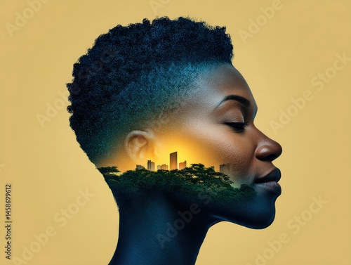 A serene profile of a confident woman with vibrant city skyline and trees blended within her silhouette showcasing a fusion of nature and urban beauty under a warm golden backdrop