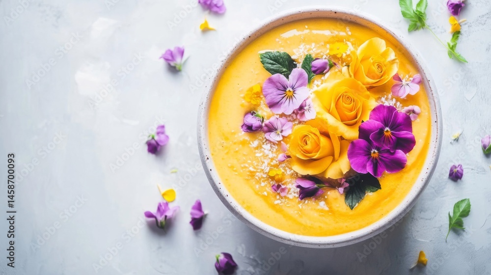 Vibrant Mango Smoothie Bowl with Edible Flowers Vibrant Mango Smoothie Bowl with Edible Flowers