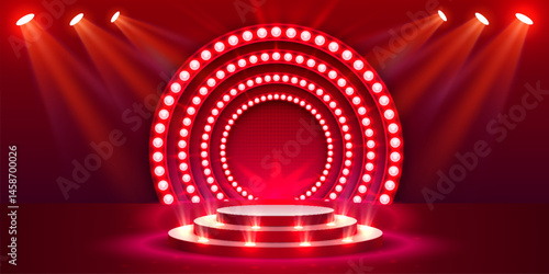 Show light, Stage Podium Scene with for Award Ceremony on red Background. Vector