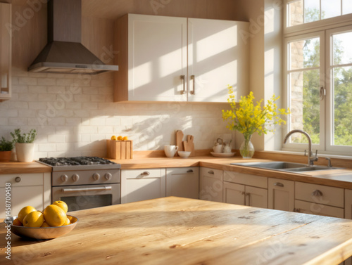 Wooden countertop in bright modern kitchen interior