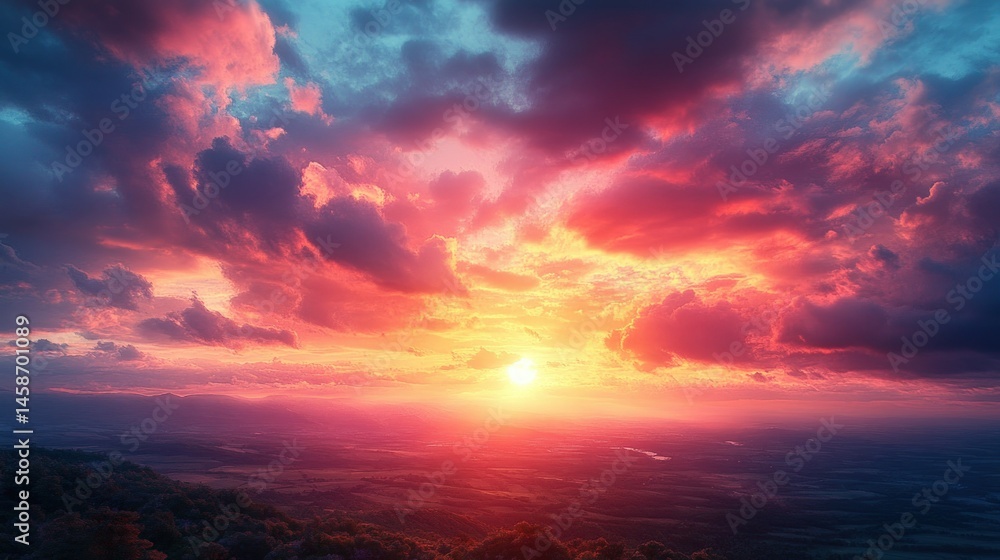Vibrant sunset over lush landscape with dramatic cloud scene Vibrant sunset over lush landscape with dramatic cloud scene