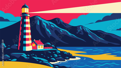 A lighthouse with a red and white pattern standing near a small house by the ocean