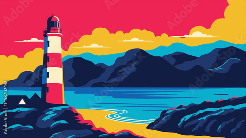 A stylized lighthouse with red and white stripes on a rocky coast with mountains view