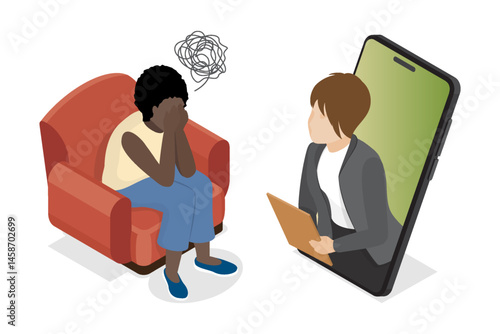 Psychology counseling depressions and anxiety online. Two women are sitting and talking online. Mental health concept. Vector isometric illustration.