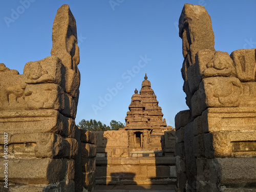 Mahabalipuram Shore Temple is a complex of temples and shrines that overlooks the shore of the Bay of Bengal. It is located in Mamallapuram, Tamilnadu, India
