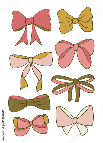 set of bows. design elements in the form of various bows. holidays, decorations, hairpins. sticker pack vector illustration.