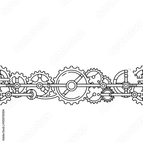 Mechanical Gear Train Line Art on White Background