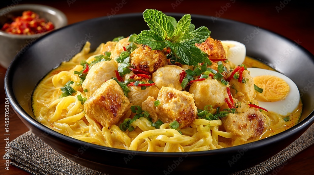 Noodles in rich curry, garnished Noodles in rich curry, garnished