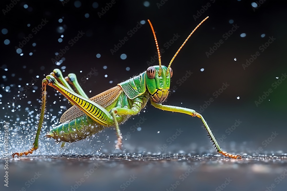 Fototapeta premium A vibrant green grasshopper is captured in motion, scattering water droplets against a blurred background