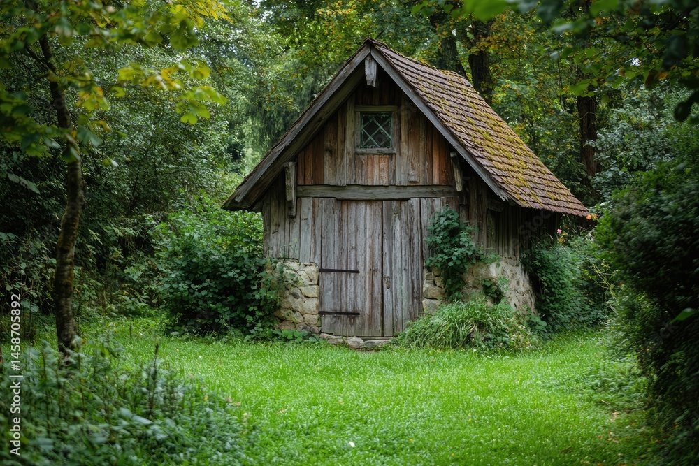 Rustic wooden shed nestled in a lush green forest Rustic wooden shed nestled in a lush green forest