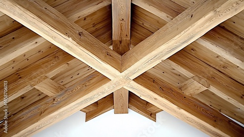 Wooden ceiling beams intersect in a  modern design.  Detailed close-up view of the  construction