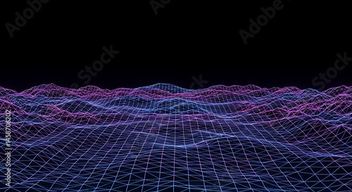 Futuristic Mesh Grid Landscape with Neon Glow Effects Generative AI