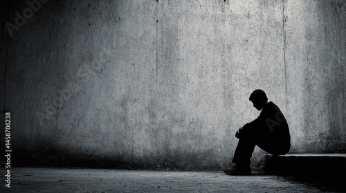 The silhouette of a forlorn man, seated alone next to a cold, rough concrete wall, conveys the anguish of addiction, be it to alcohol or drugs, and the debilitating effects of anxiety on mental