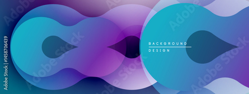 Abstract shapes overlap, creating vibrant gradients. Purple, blue hues dominate design. Modern aesthetic, smooth transitions present.