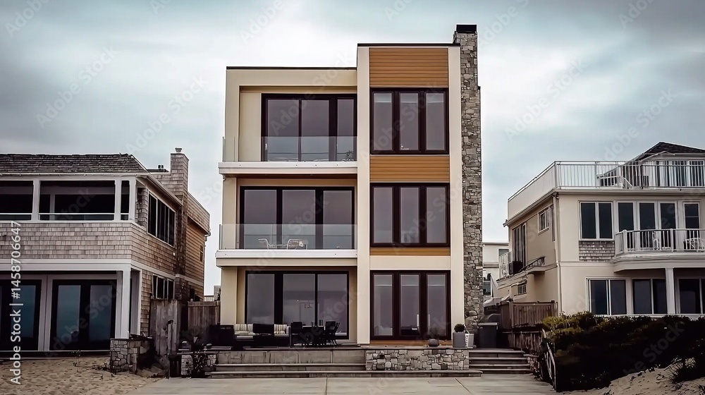 Modern beachfront house amongst traditional homes. Modern beachfront house amongst traditional homes.