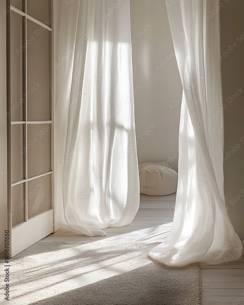 Frosted White Layered Curtain in Arctic Silence Room surrounded by matte finishes and silence-focused layout Nordic Ice Minimalism ensory Silence Wellness Interior Frosted White Layered Curtain in Arctic Silence Room surrounded by matte finishes and silence-focused layout Nordic Ice Minimalism ensory Silence Wellness Interior
