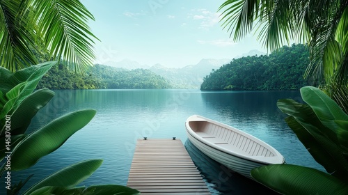Serene view of a wooden dock and a boat by a tranquil lake surrounded by lush greenery.