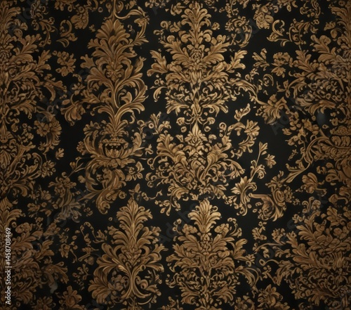 Intricate gold damask pattern on black background  Luxurious vintage wallpaper texture , decor, art