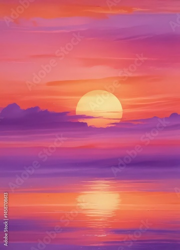 Abstract watercolor sunset, vibrant orange and purple hues blending seamlessly , illustration, orange, tranquil