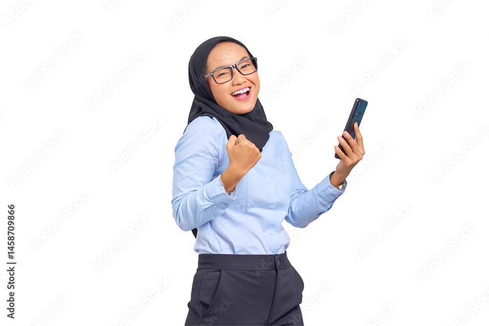 Portrait of excited young Asian woman celebrating with mobile phone isolated on transparent background Portrait of excited young Asian woman celebrating with mobile phone isolated on transparent background