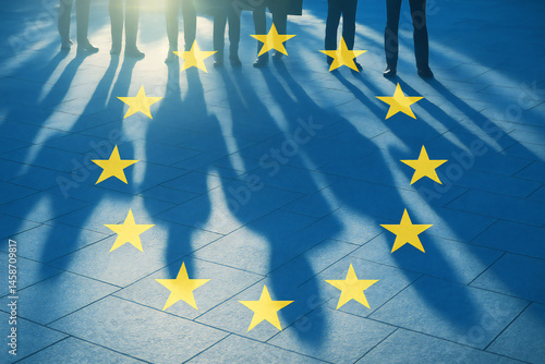 European Economy Unity and Growth Concept — Shadows of People with EU Flag Overlay Symbolizing Solidarity, Cooperation, and Economic Integration in the European Union